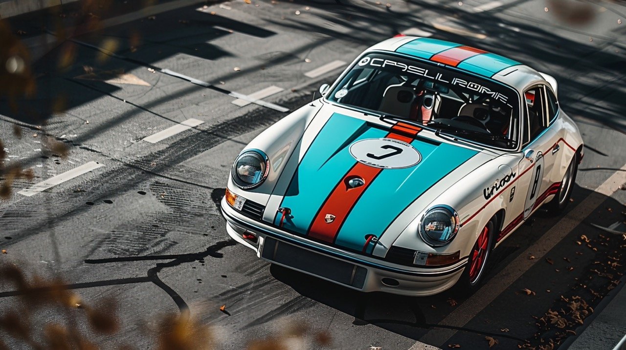 Sports Car in White, Teal, and Red Parked with Open Door – Daytime Scene.