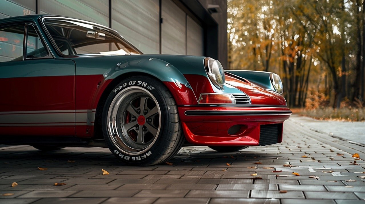 Sports Car in White, Teal, and Red with Door Open – Daylight Park Scene.