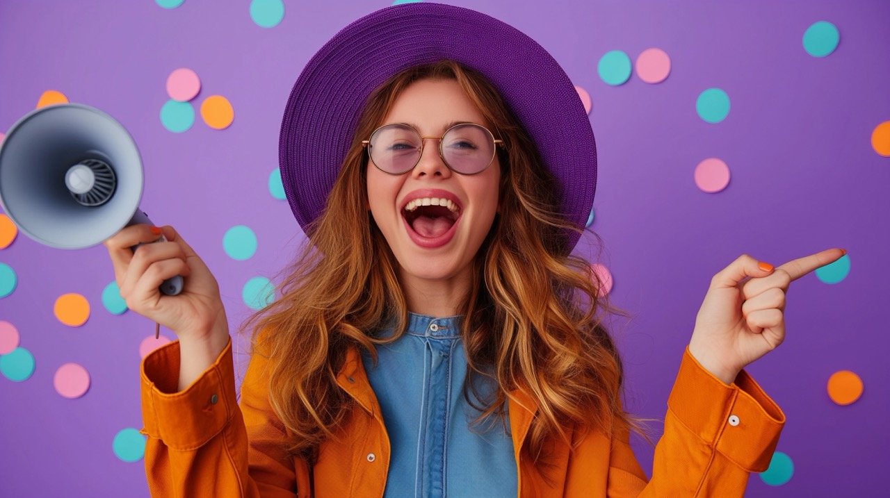 Stock Photo of Excited Vintage Student Shouting Close-Up on Purple Background – Ideal for Party and Social Events