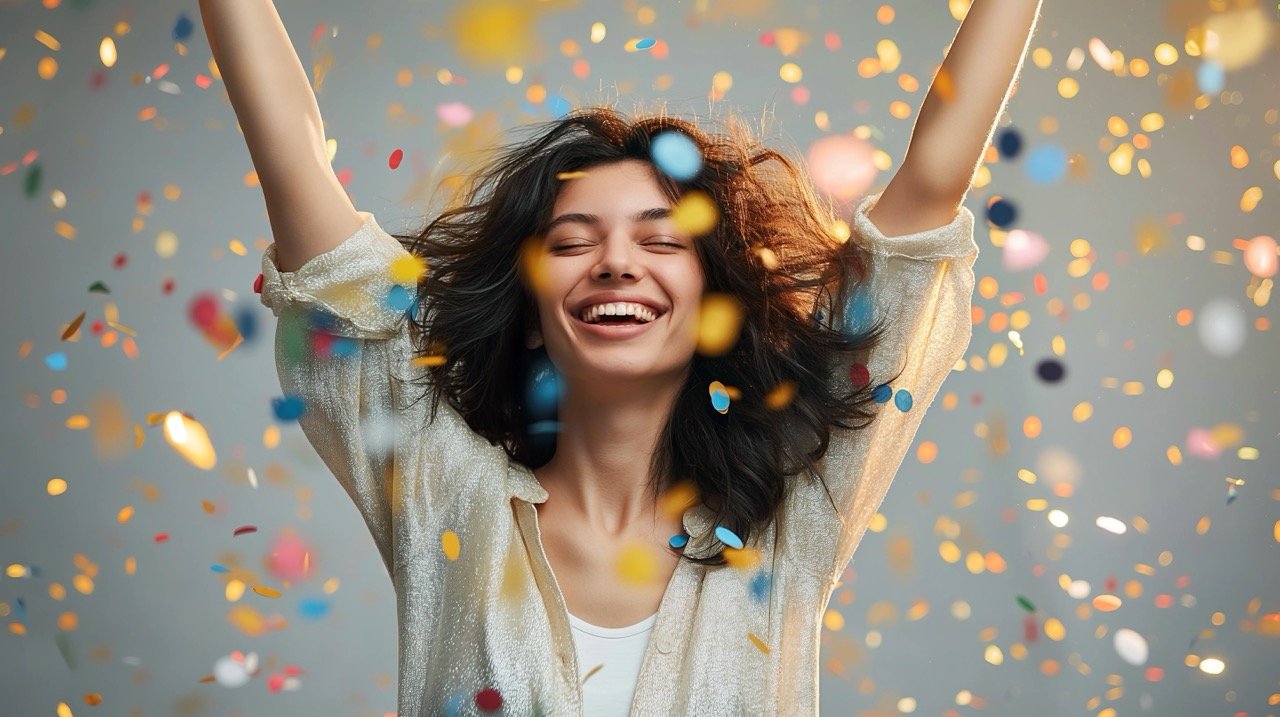 Stock Photo of Happy Woman at Celebration Party with Confetti – Ideal for Success and Events