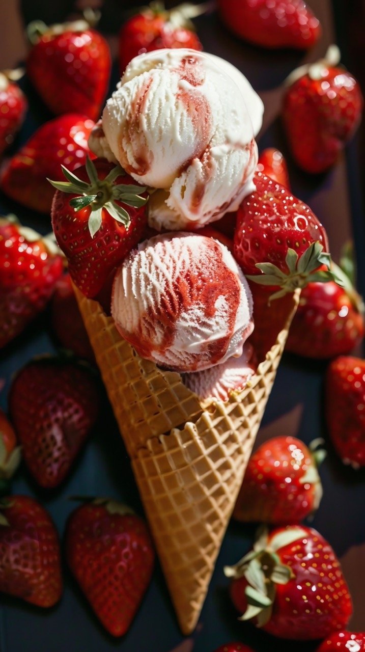 Strawberries Pile with Ice Cream Cone Dessert, Frozen Yogurt, Soft Serve, Berry Produce, Fruit