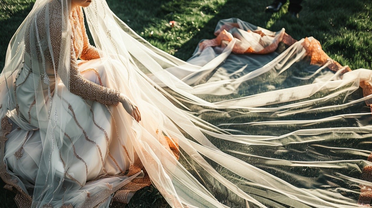 Stylish Bride and Groom Sitting on Grass Brown Wedding Dress, Bridal Veil, Formal Wear, Woman