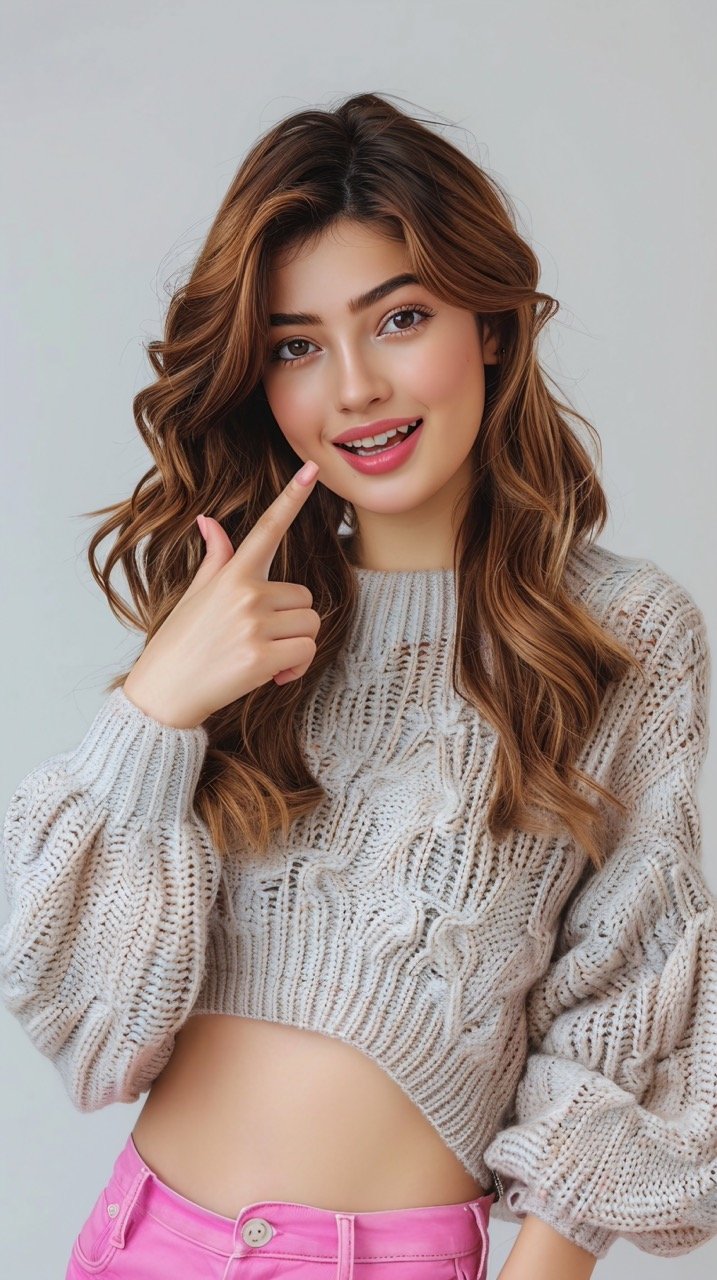 Stylish Woman in Sweater, Full-Length, Posing with Arm on Hip, Pointing and Looking Away Over White Wall