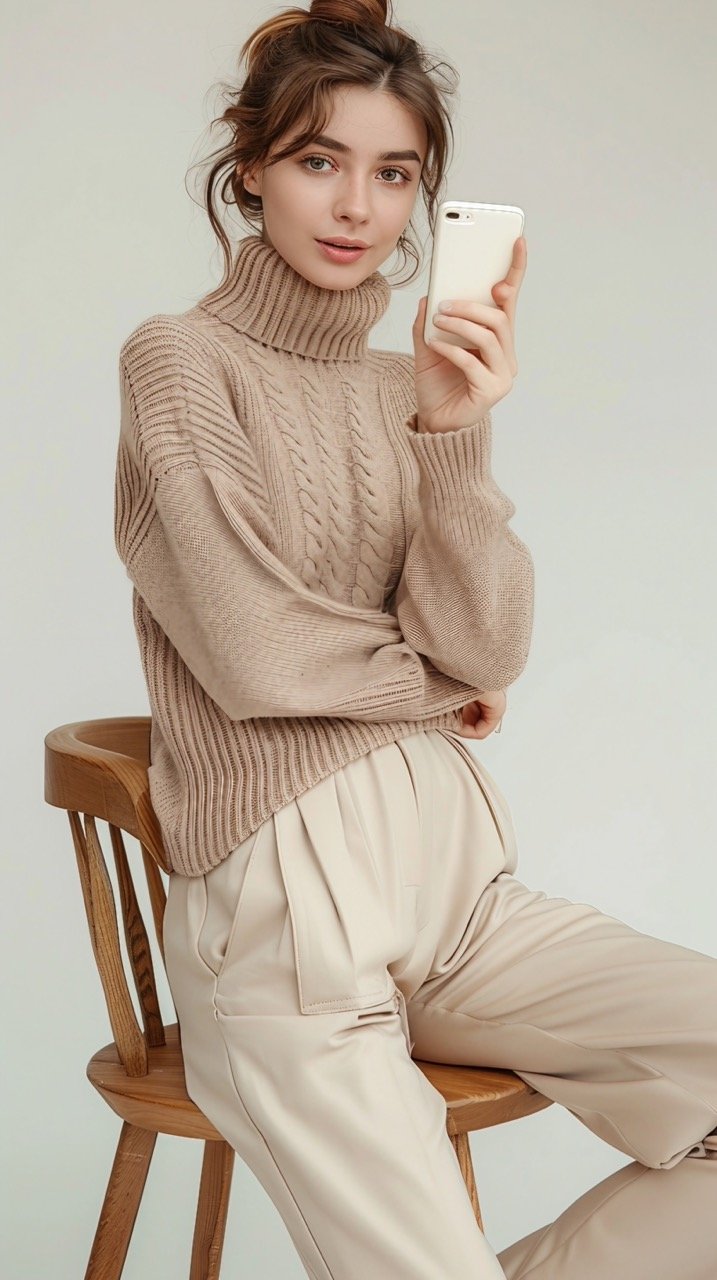 Stylish Woman in Sweater, Full-Length, Posing with Arm on Hip, Pointing and Looking Away Over White Wall