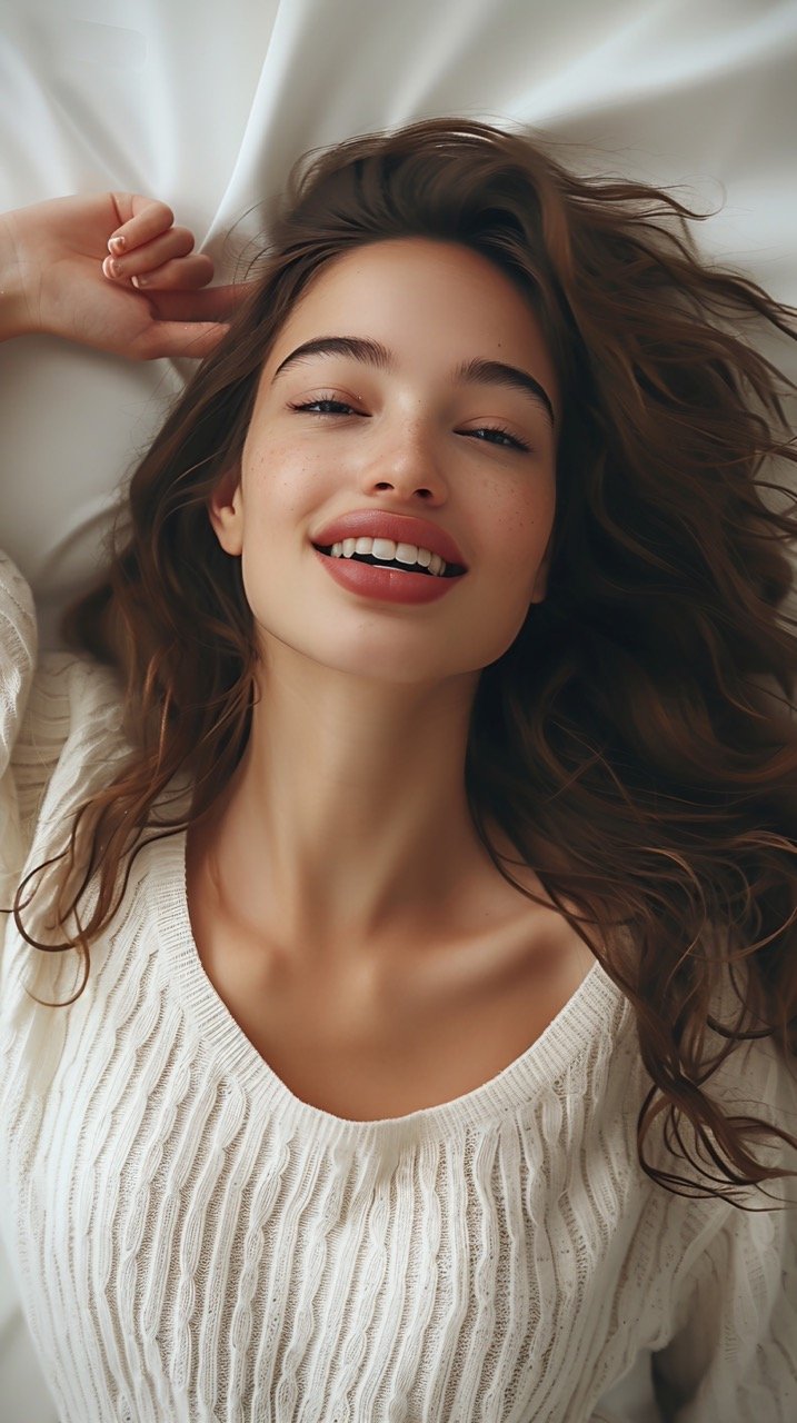 Stylish Woman in Sweater Posing Full-Length with Arm on Hip, Pointing and Looking Away Over White Wall