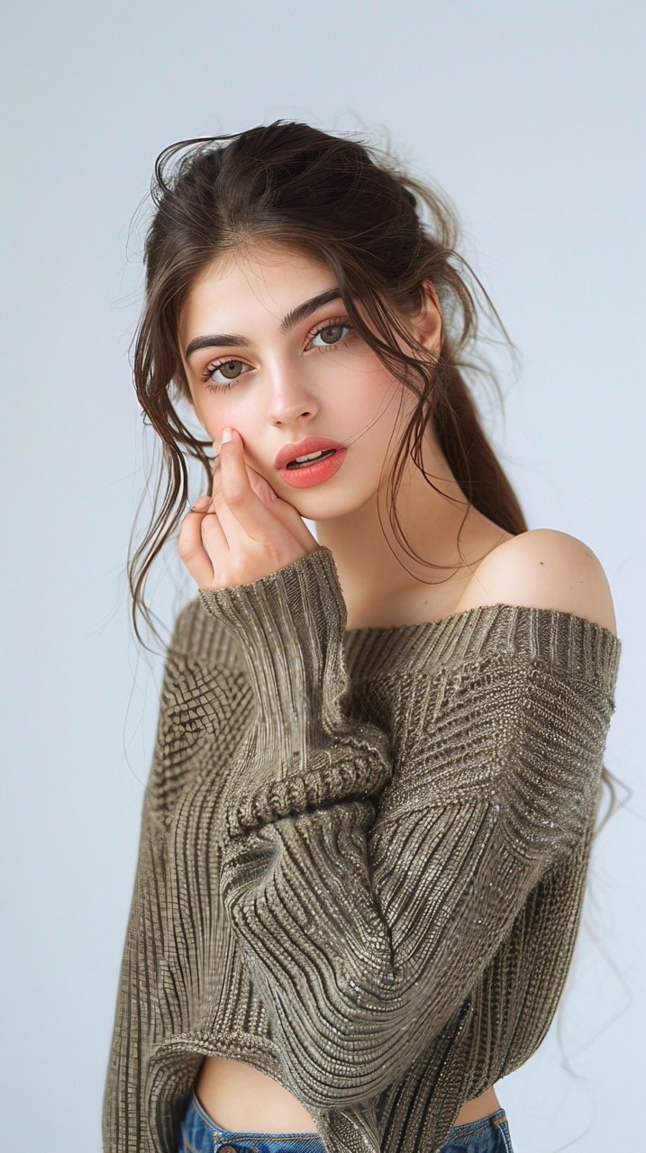 Stylish Woman in Sweater and AI-Generated Cute Girl Posing Against White Wall