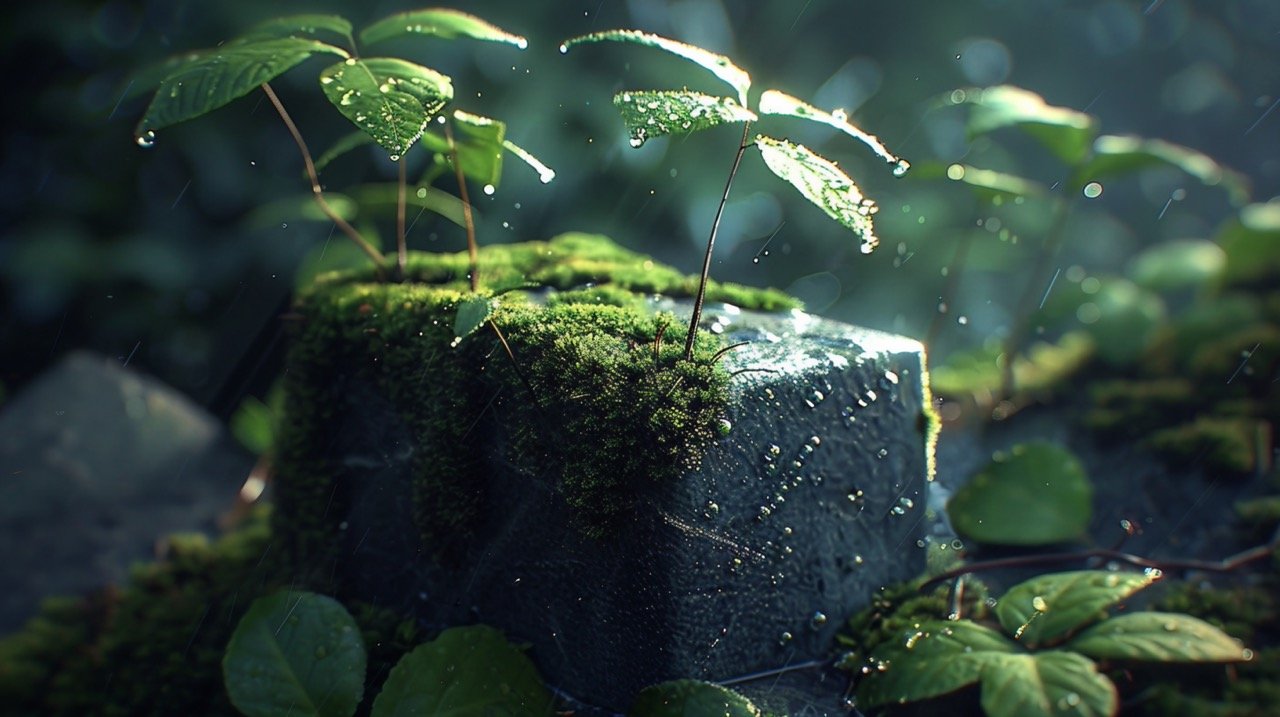 Surreal Morning After Rain Sunlit CG Photography of Mossy Stone with Penetrating Roots