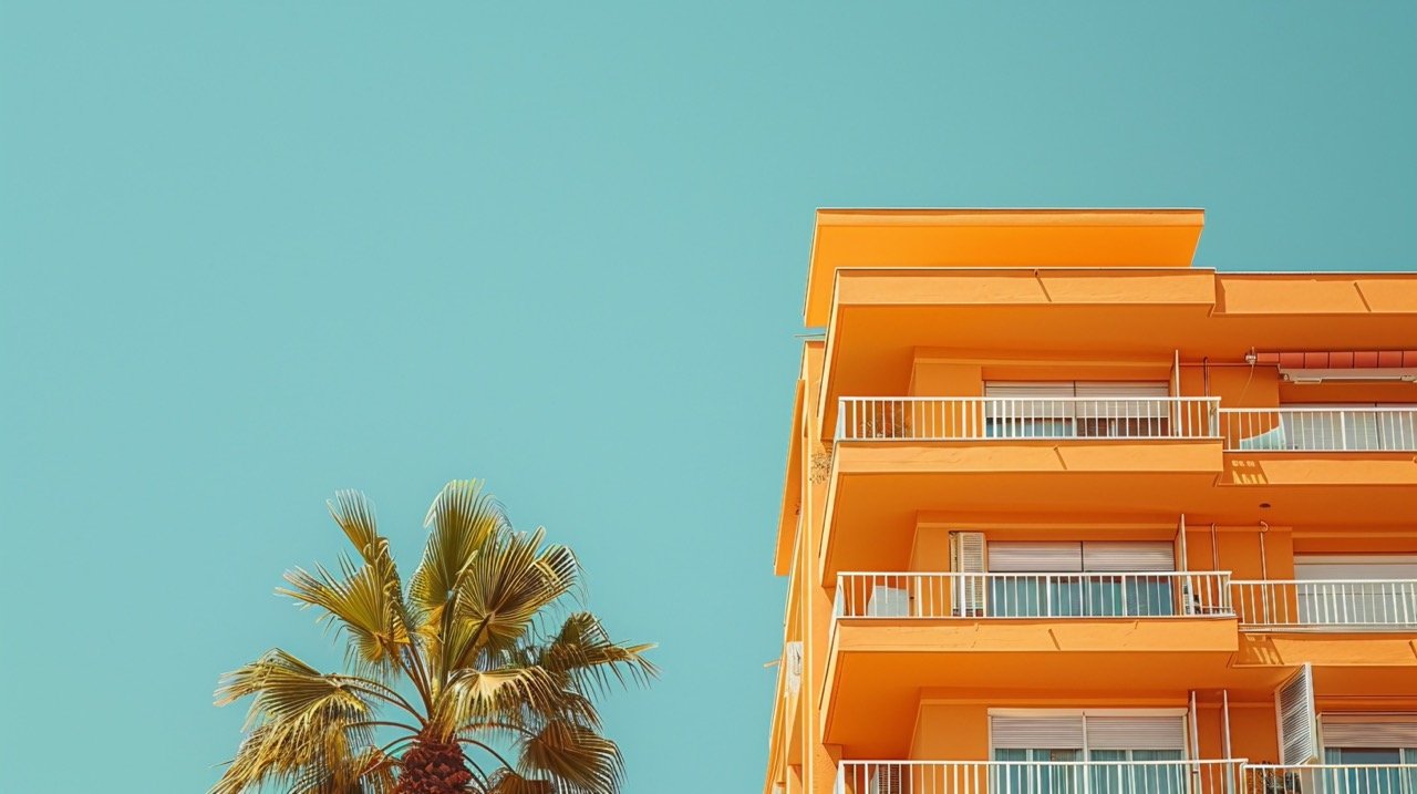 Tall Building with Balconies – Blue and Orange Balcony, Summer Cityscape, Valencia Town Photography