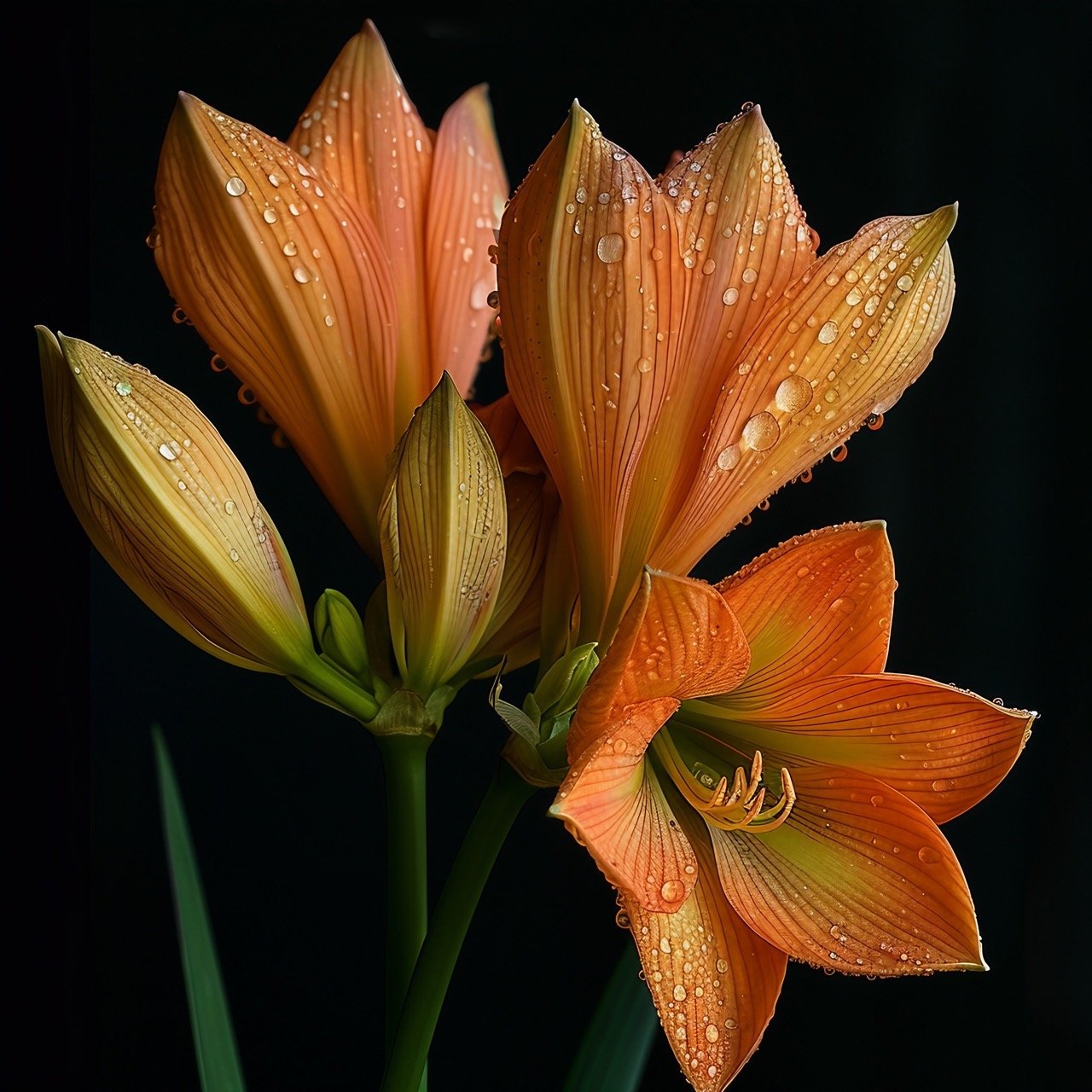 Three Flowers with Water Droplets – Orange Blossoms, Amaryllidaceae, Floral Arrangement Photography