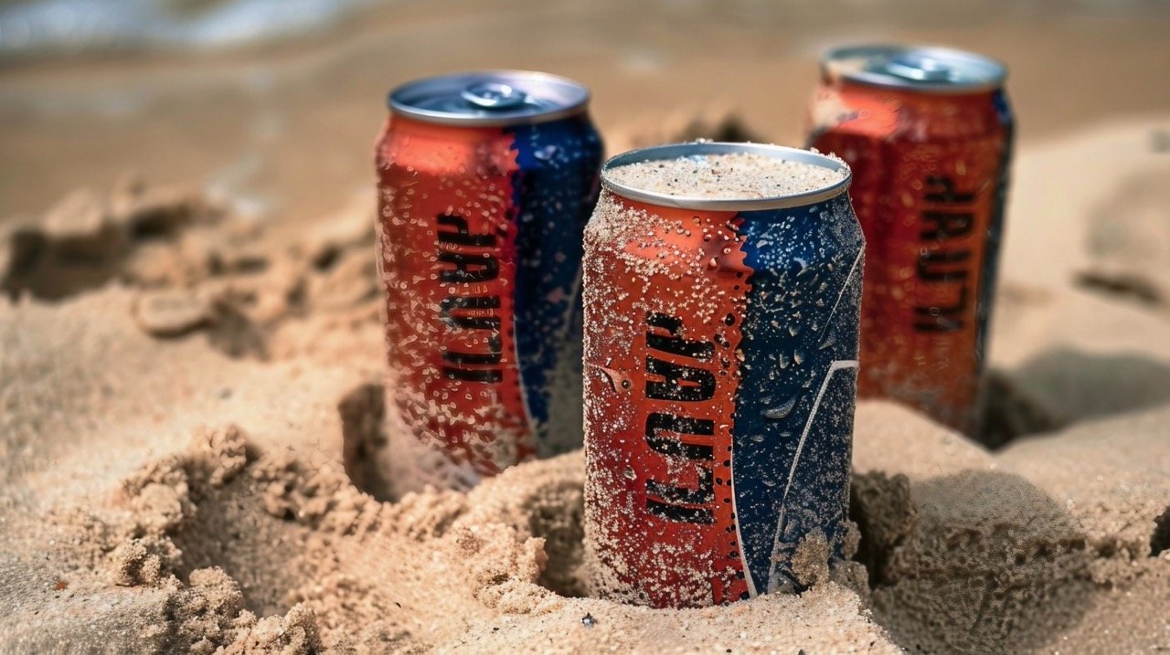 Three Red and Blue Soda Cans on Sand Refreshing Beverages, Beach Scene, Tin Cans