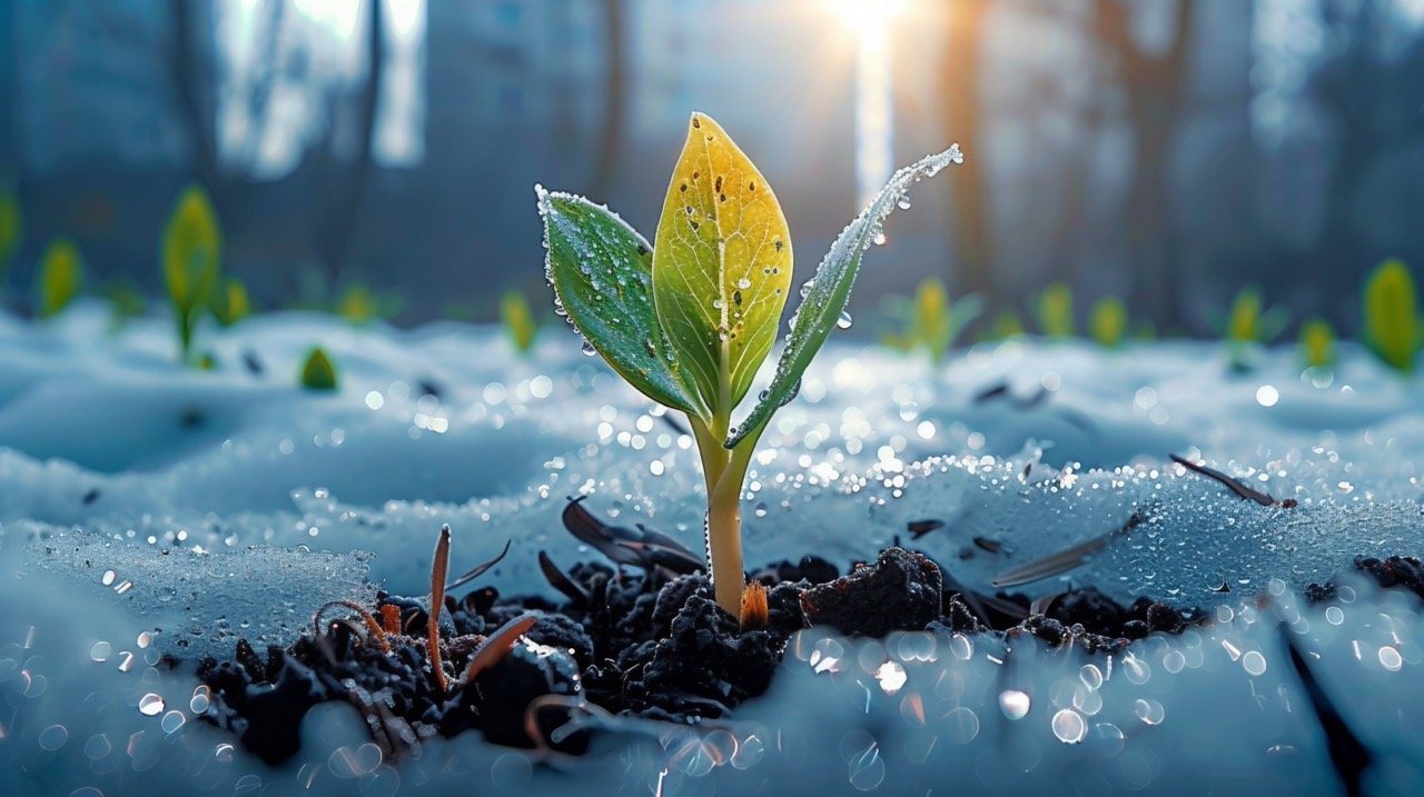 Thriving Seedling in Melting Snow, Sunny and Rainless, Vibrant Growth Captured by Nikon Camera