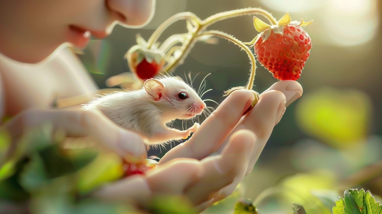 Tiny Baby White Animal Eating Strawberries Adorable, Fits in Palm, Just 2mm Small