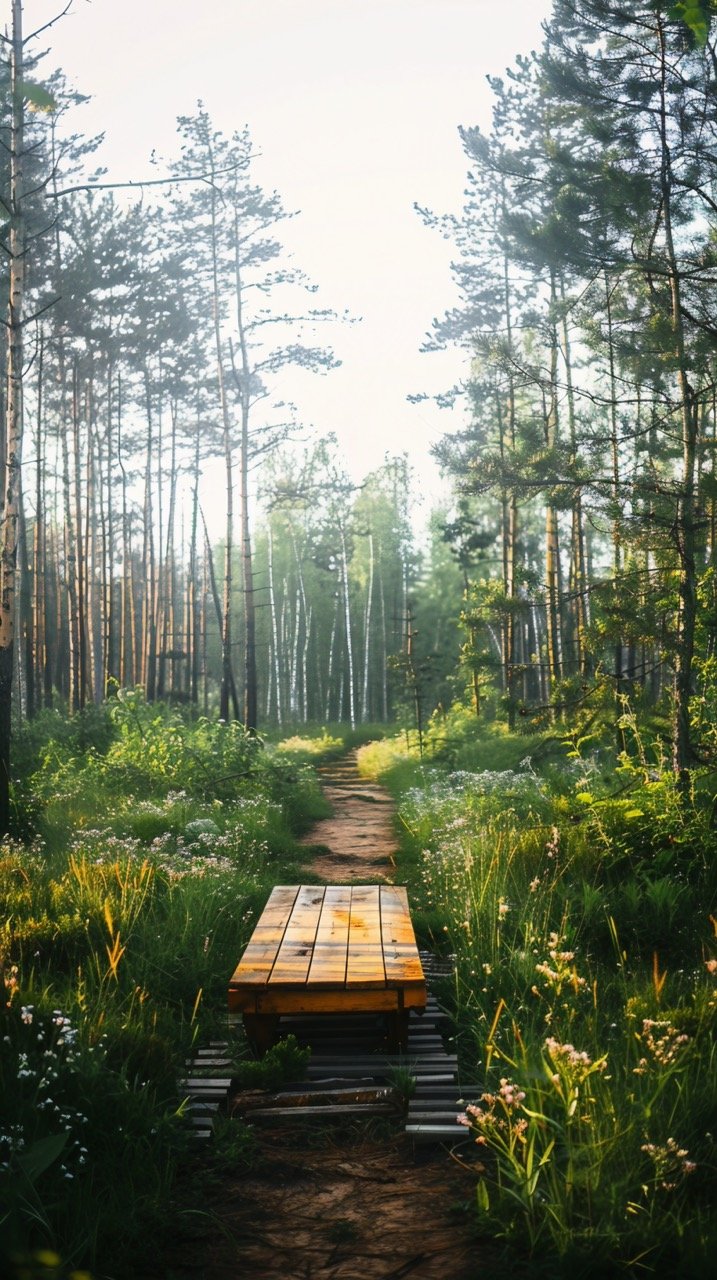 Tranquil Bench in Latvia Forest – Woodland Path, Green Nature, Scenic Park, and Trail Photography