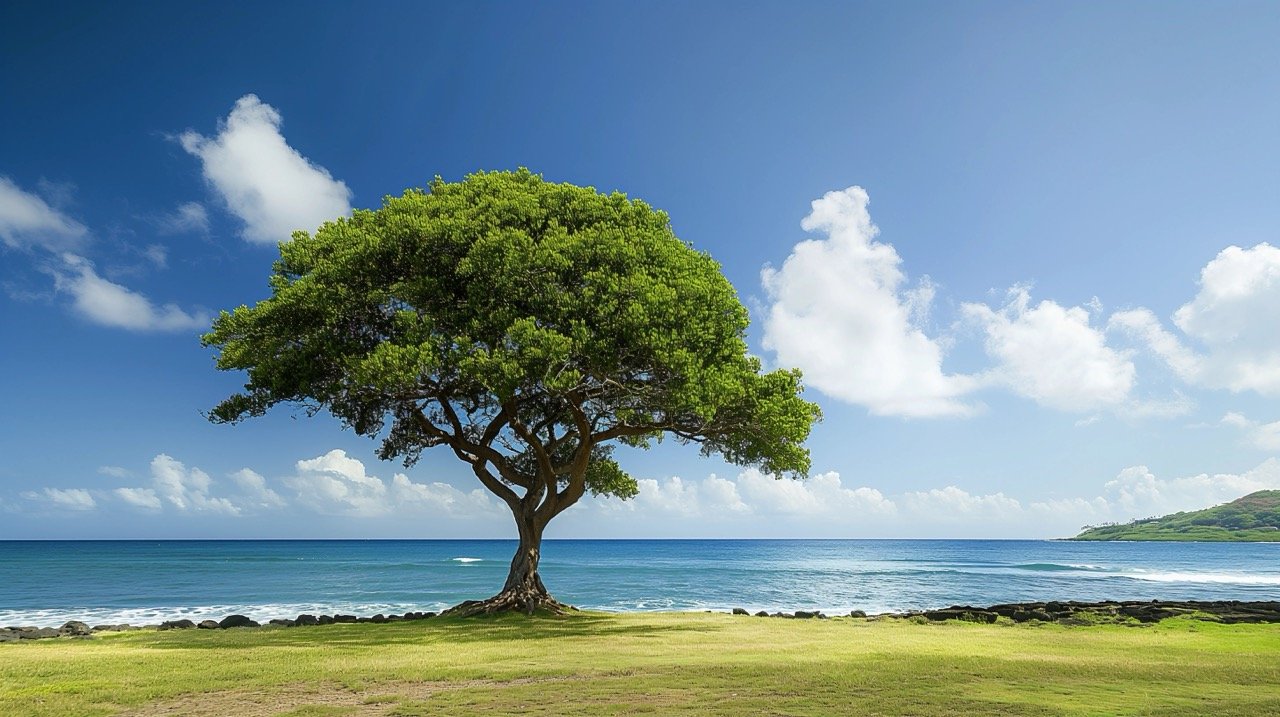 Tree with Green Leaves on Shore – HD Photo Featuring Beach, Ocean, and Hawaii Nature Scenery