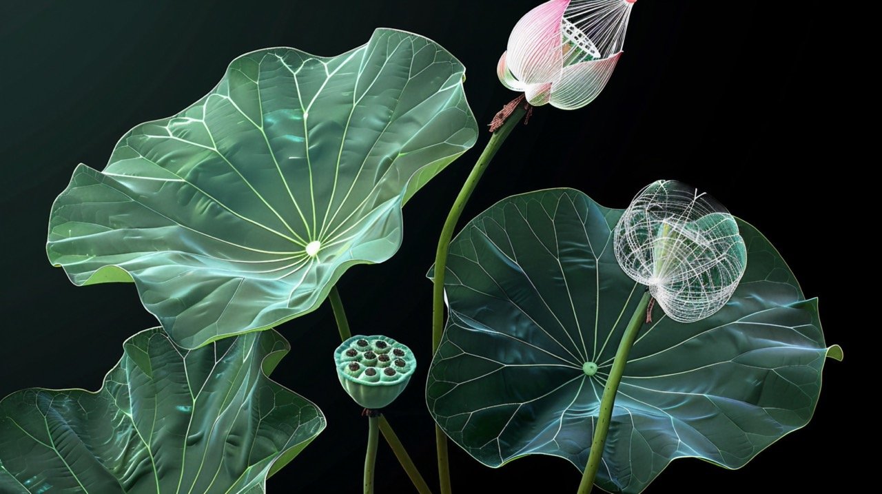 Upward Macro Views of Green Lotus Leaves with Pink Bud, X-ray Effect, Transparent Look