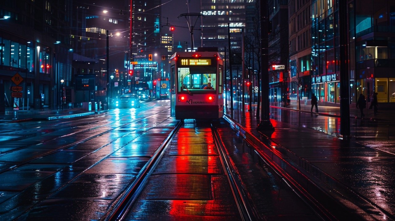 Urban Night Tram Beside Waiting Station HD Wallpapers, City Street Photography Toronto Canada