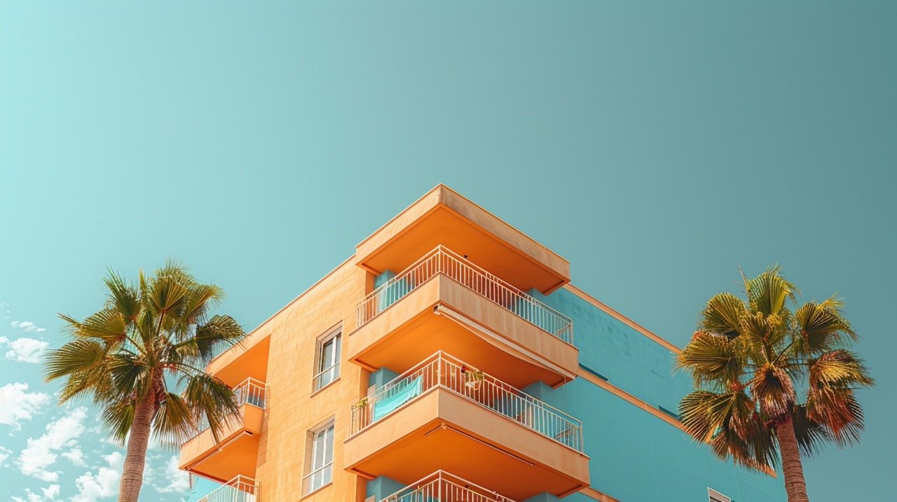 Valencia Town Tall Building – Balconies, Blue and Orange, Summer Retro Cityscape Photography