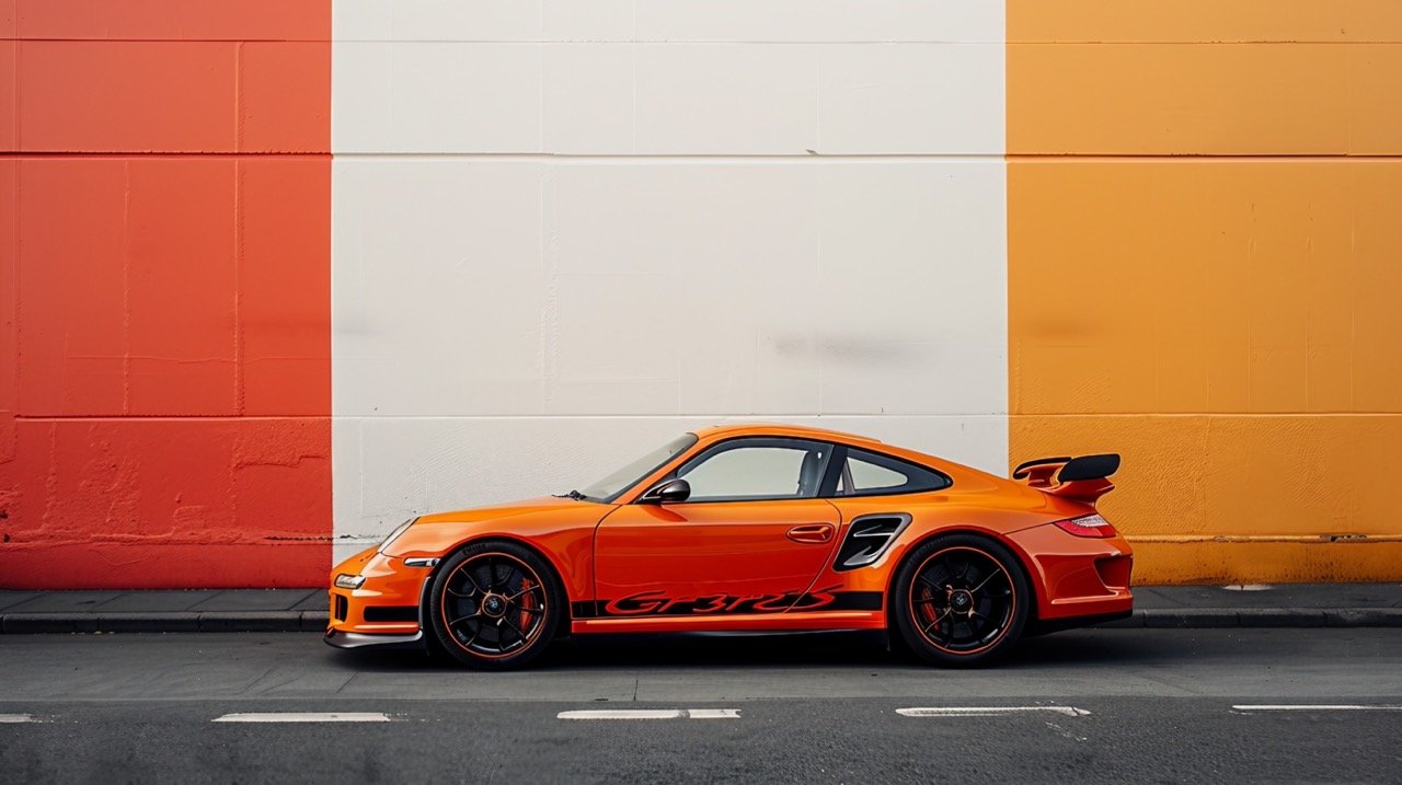 Vibrant Porsche 911 Parked Beside White and Red Wall – Automotive Photography Focus.