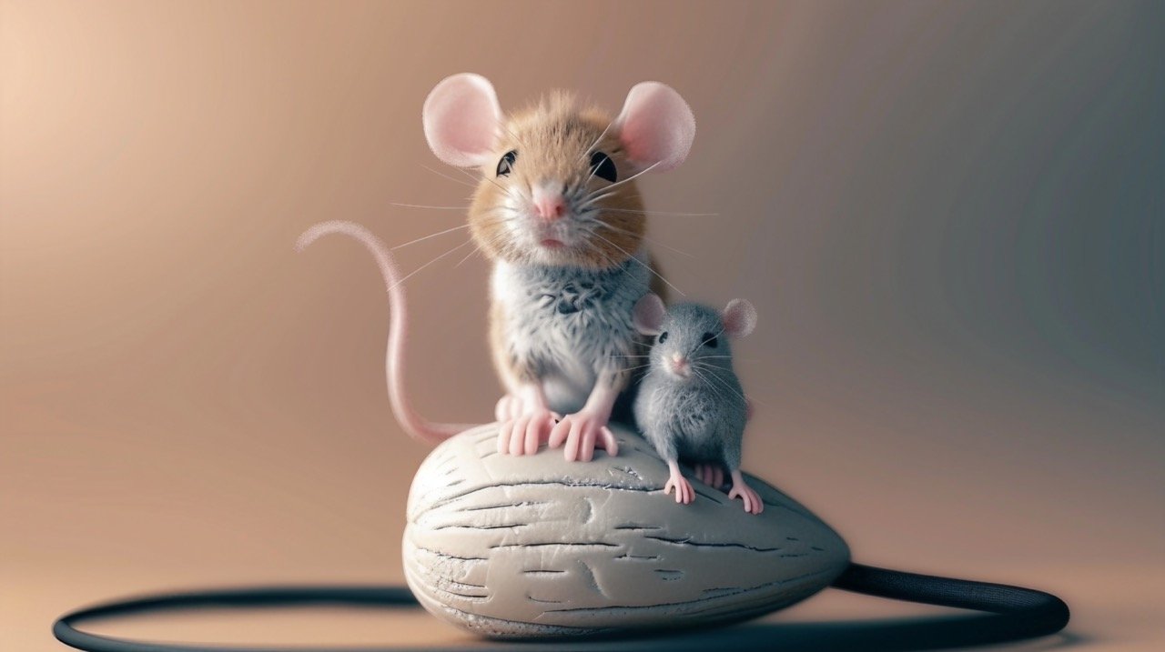 Vibrant Realism Mouse Sitting on Computer Mouse in Photorealistic Fantasy with Happy Expressionism