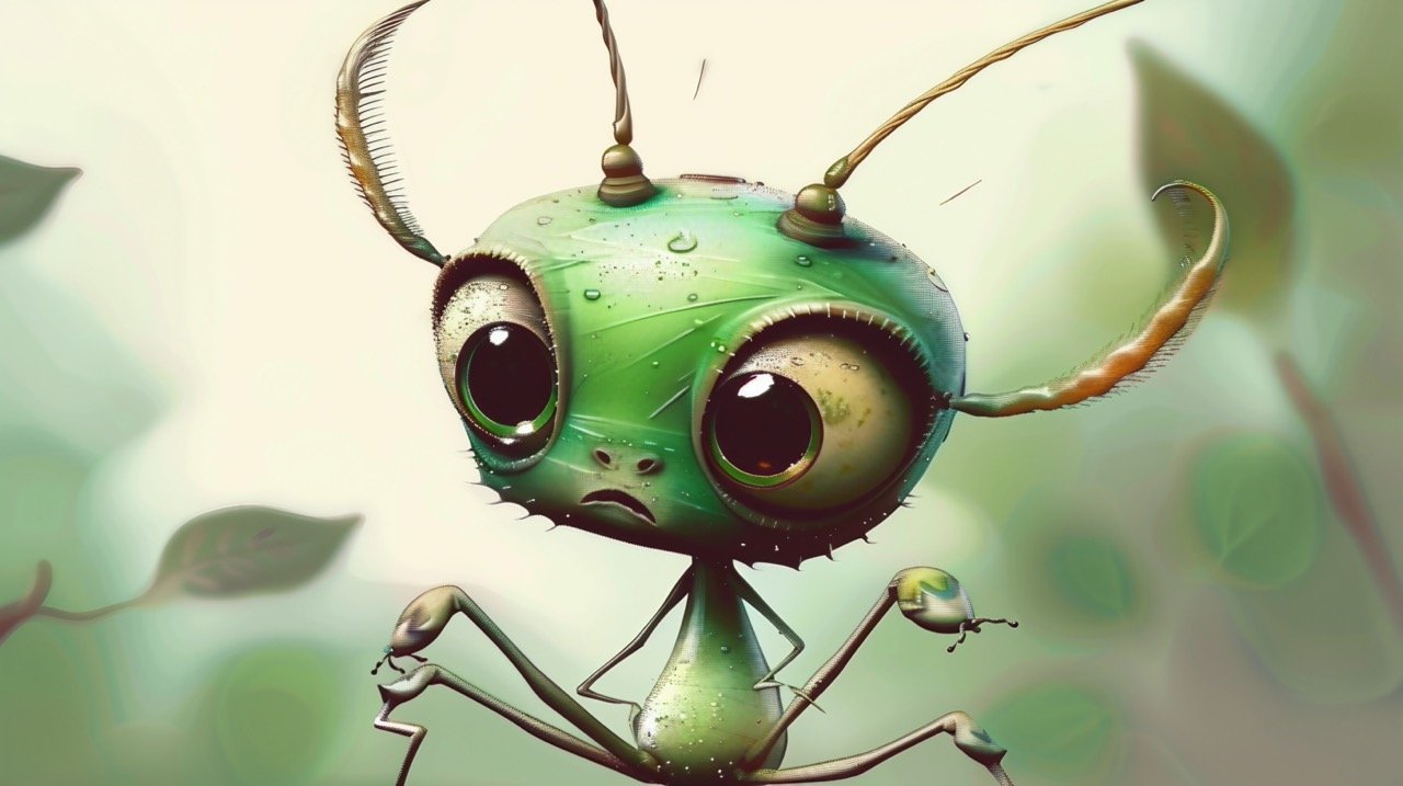 Whimsical Cartoon Creatures Small Green Bodied Characters with Antennae and Large Cartoon Eyes