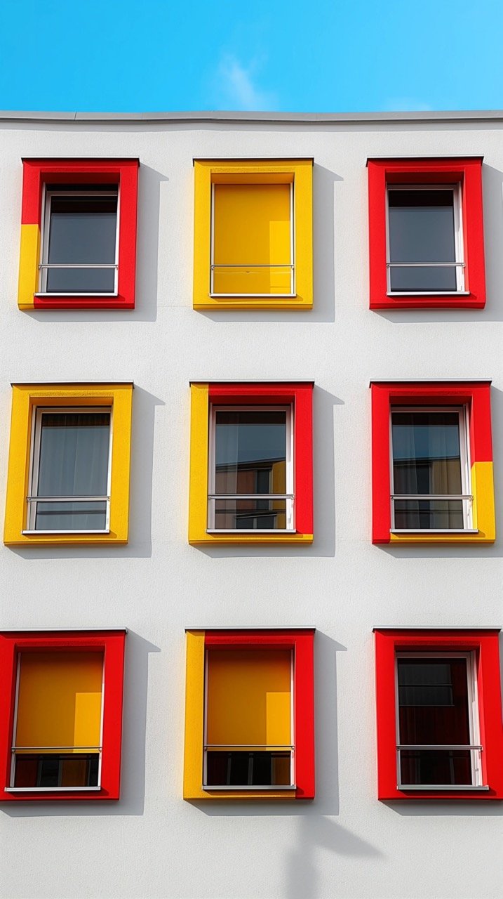 White Building Featuring Red and Yellow Windows Flag Images, Architectural Pictures, Colorful Design