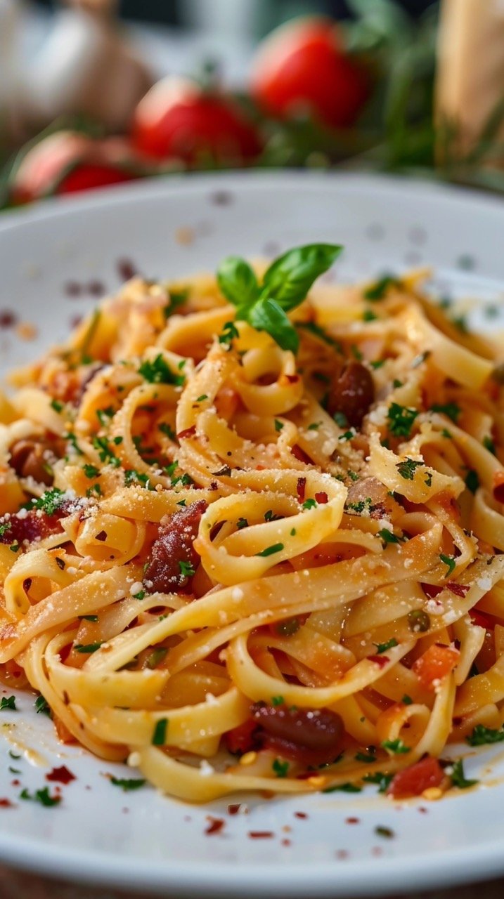 White Plate with Pasta Dish in Sharp Focus for Gourmet Cuisine Scene