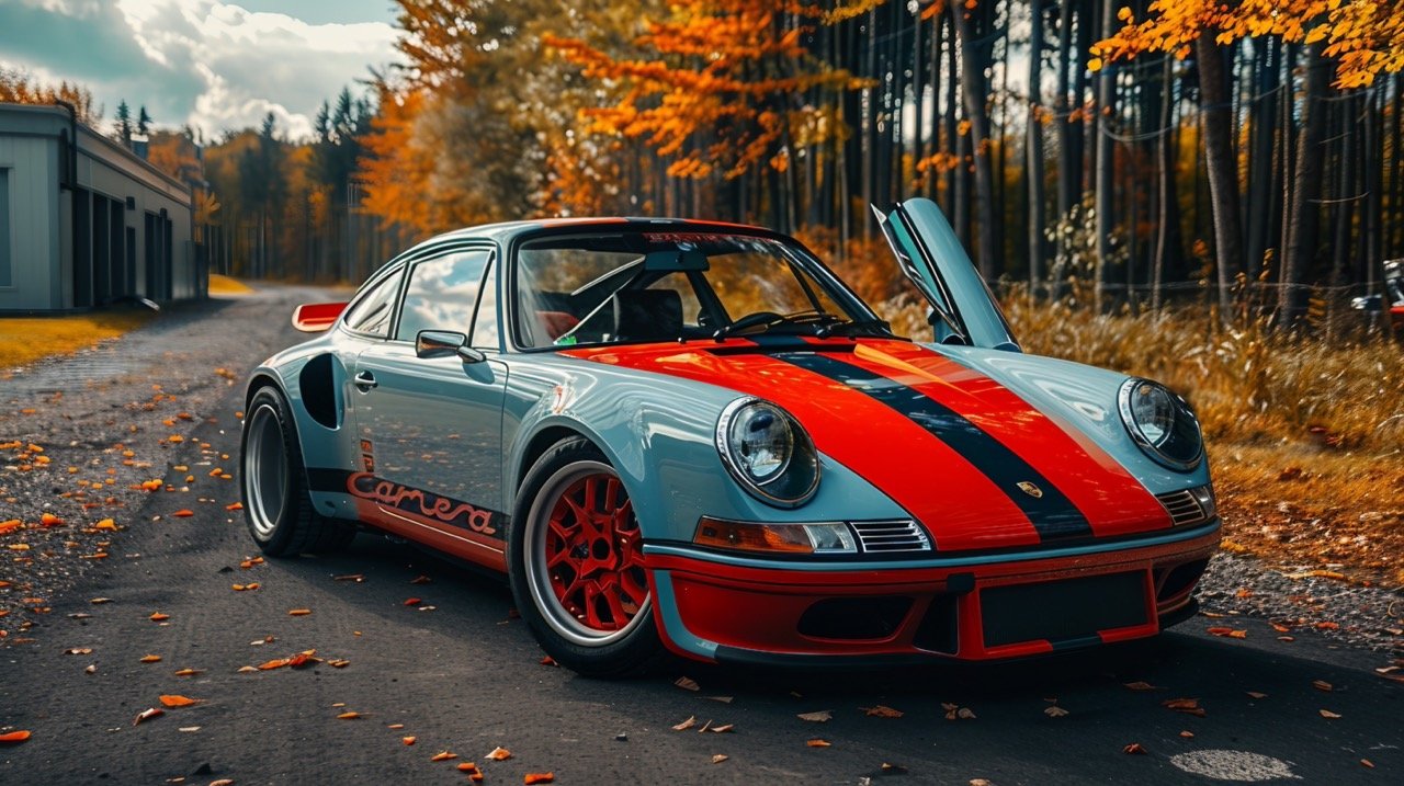 White, Teal, and Red Sports Car Parked with Open Door in Daytime – Vibrant Automotive Scene