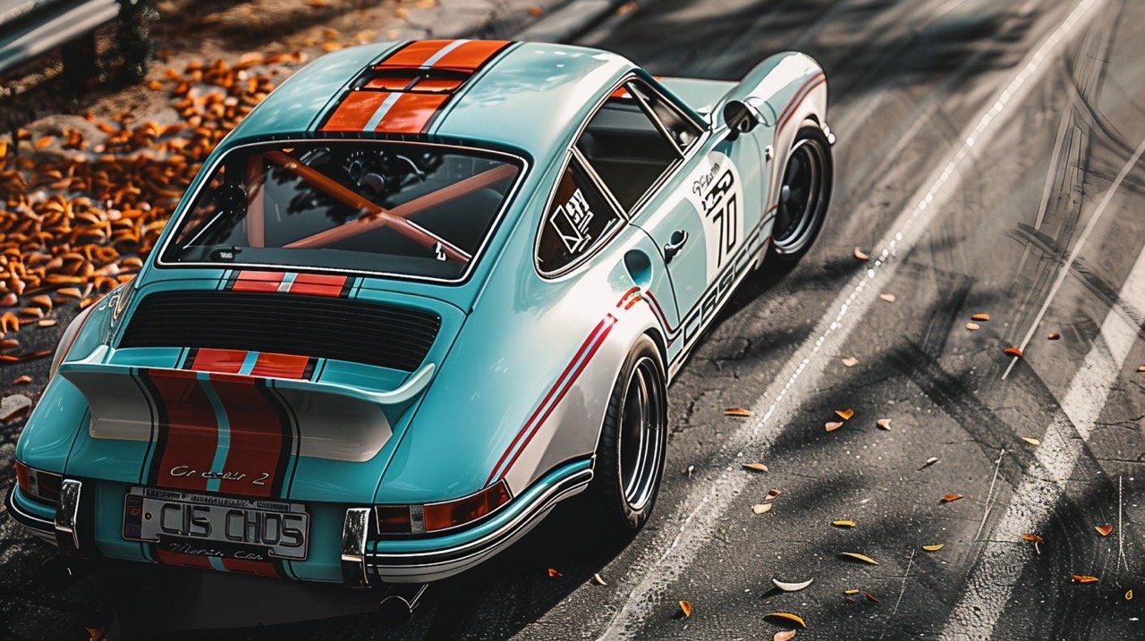 White, Teal, and Red Sports Car with Open Door in Park – Daylight Shot.