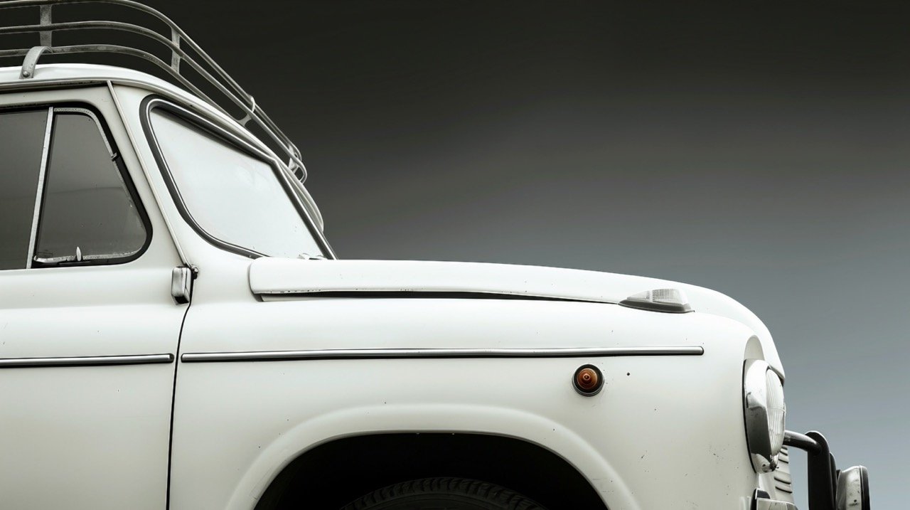 White Truck with Metal Roof Rack – Classic Trabant601 Car in Czechia Vintage Collection