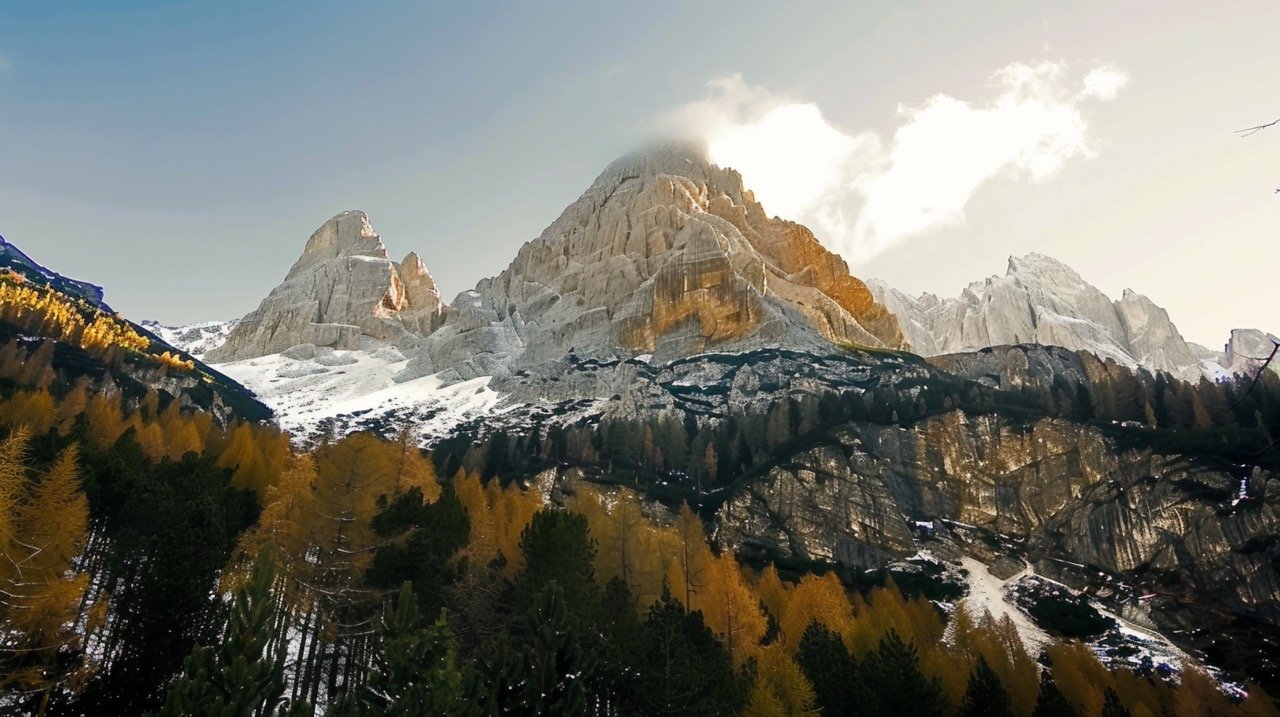 Winter Mountain Range with Trees Italian Dolomites, Cortina D’ampezzo, Rocky Peaks, Snowy Landscape