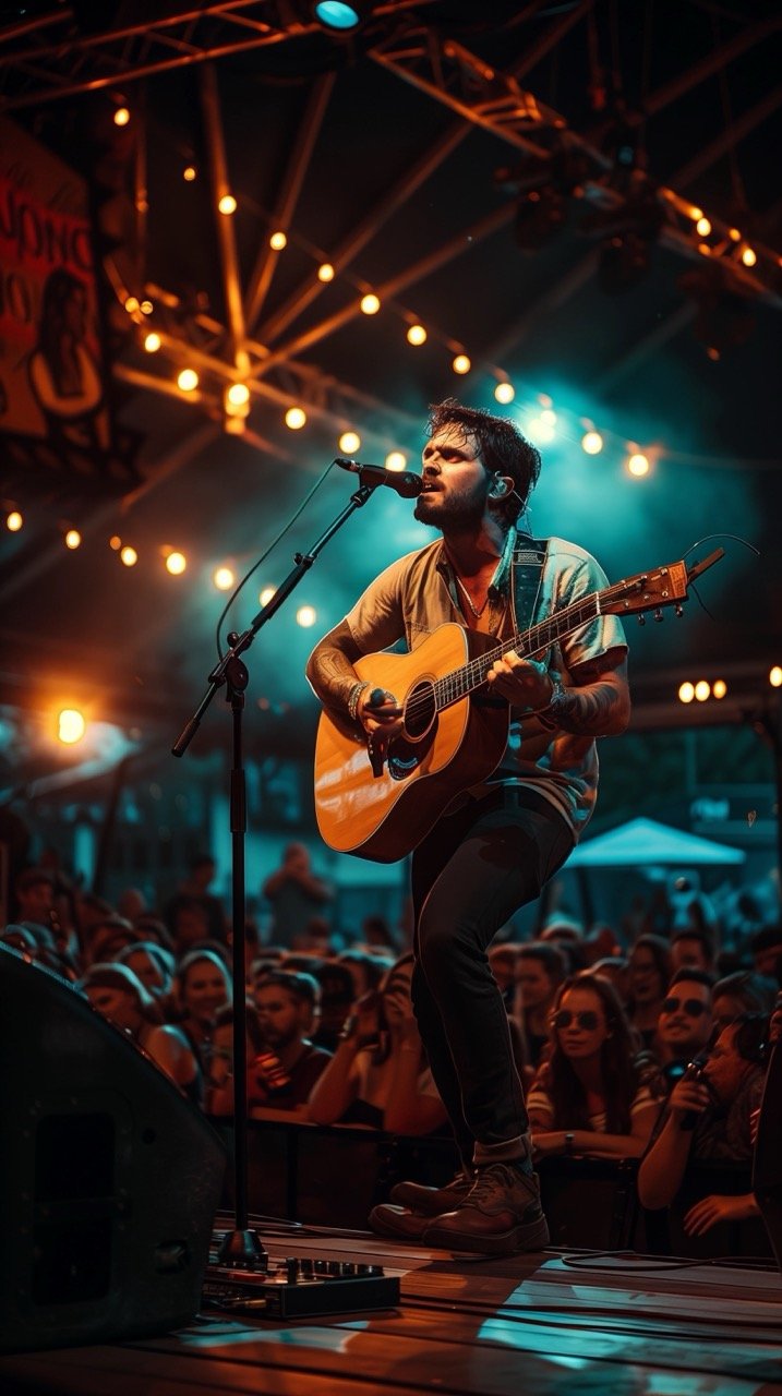 Acoustic Guitar Performance by Man on Stage – Musician with Crowd Lighting and Concert Atmosphere