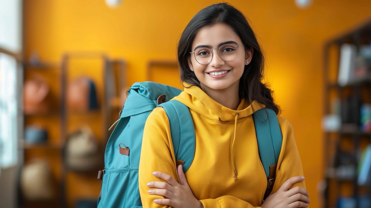 Adult College Student with Backpack Portrait on Yellow Background, Asian and Indian Ethnicities