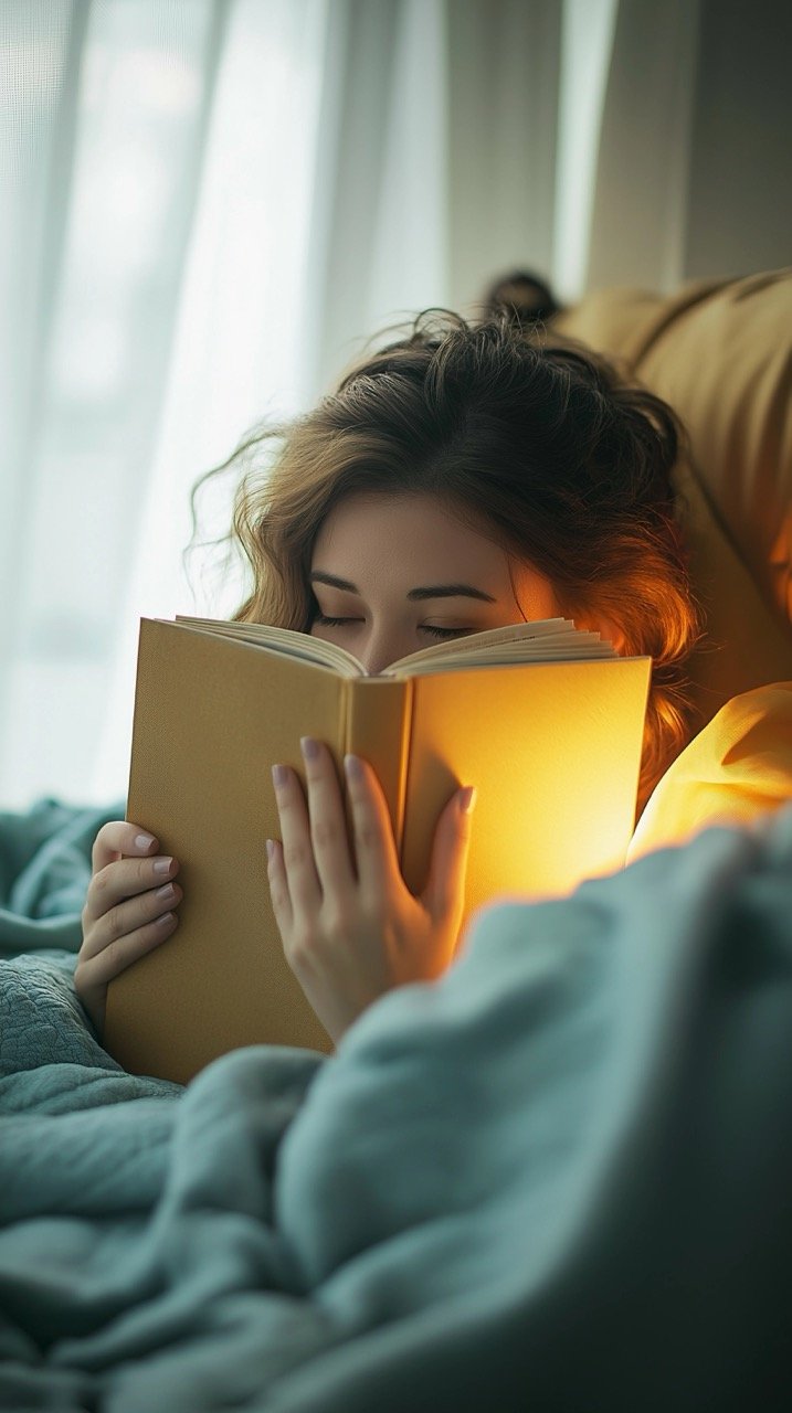 Adult Woman Covering Face with Book on Bed at Night, Yellow Light, Relaxing and Leisurely Indoors