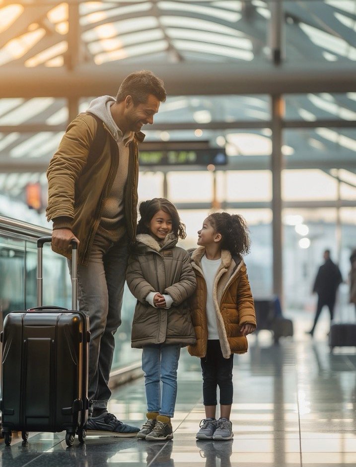 Airport Scene Family with Luggage Trolley – Captivating Stock Photo for Travel and Vacations