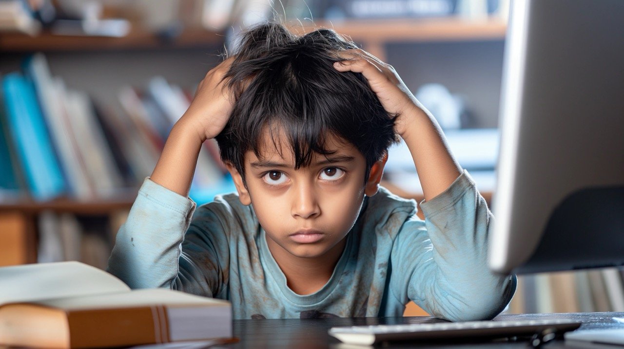 Anxious Teen Student in India, Hands on Head, Looking at Computer Screen with a Sad Expression