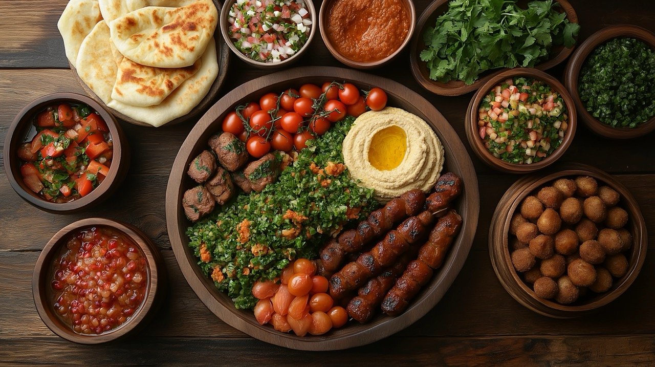 Arabic Cuisine Traditional Middle Eastern Dishes on a Vibrant Dinner Table Stock Photo