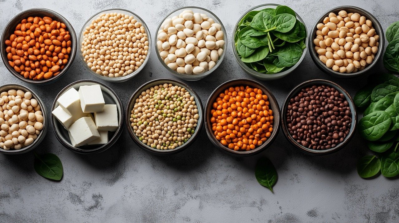 Assorted Vegan Protein Foods Tofu, Nuts, Lentils, Beans, Soy Milk, Spinach on White Background