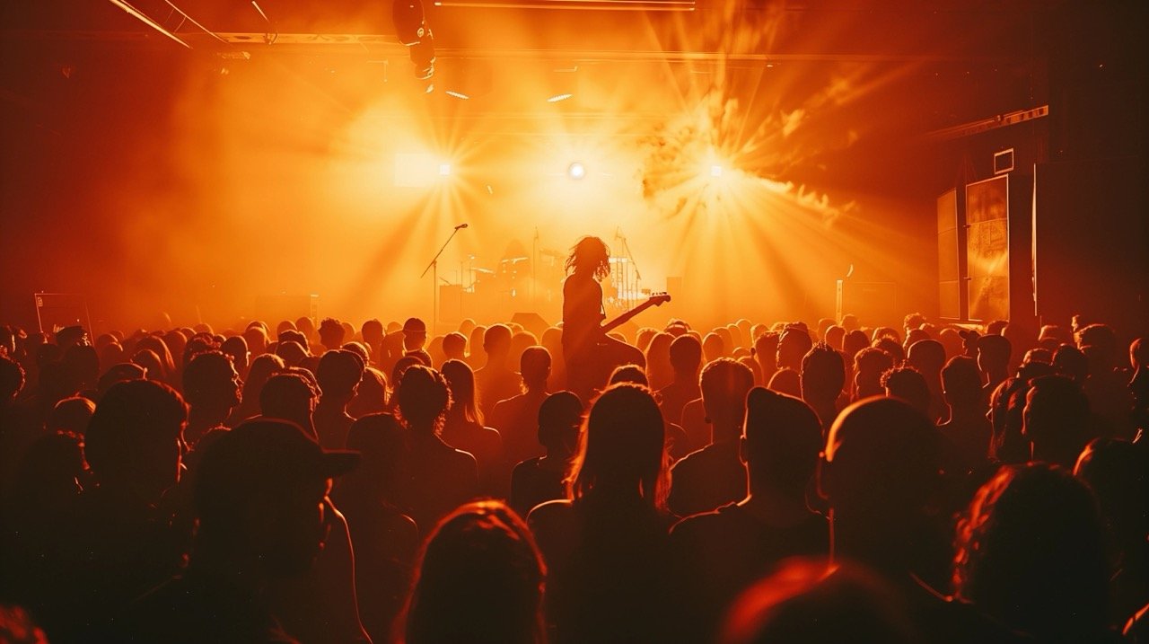 Audience at a Concert in Thornbury, Victoria – Human Gathering with Rock Music and Orange Lighting