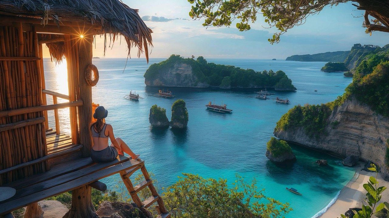 Bali Tree House Overlooking Diamond Beach Nusa Penida Island | Indonesia Travel | Tropical Climate | Stock Photo