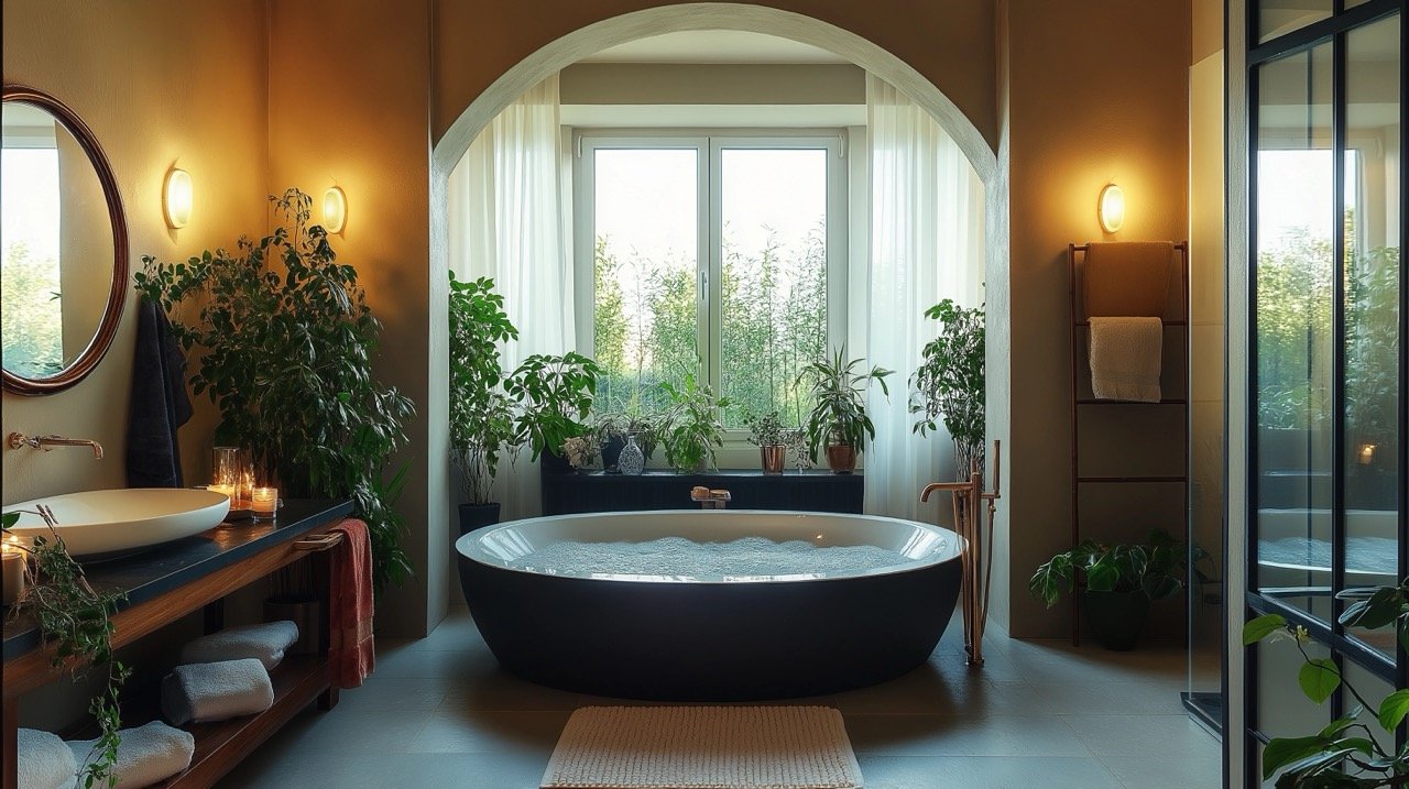 Bathroom Interior at Night with a Bathtub, Mirror, Window, and Contemporary Design Accents