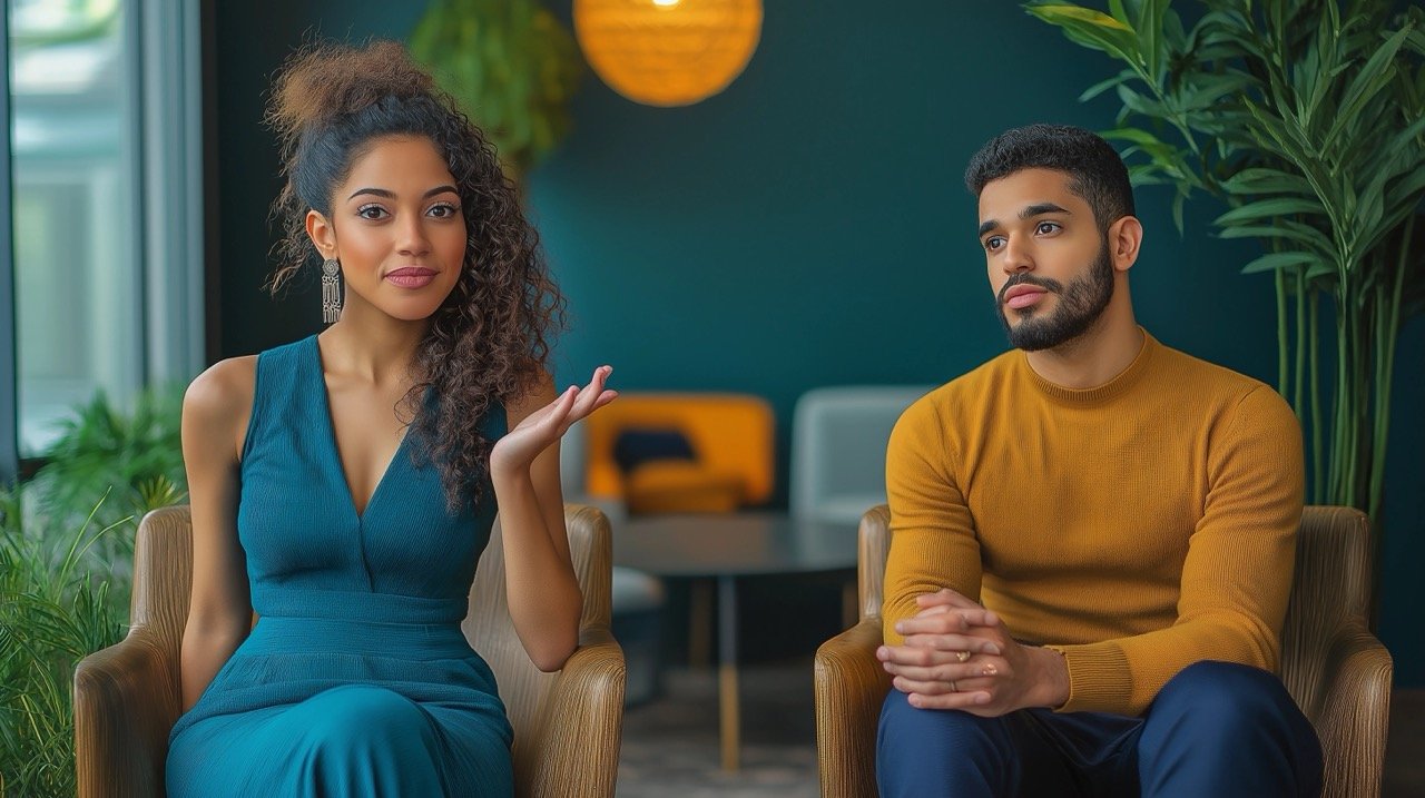 Beautiful Woman in Teal Dress Talking to Man in Business Clothing, Sitting on Chairs, Summer Day