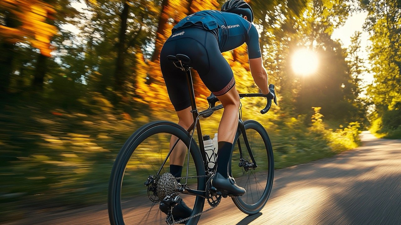 Biker in Motion Cyclist on Road, Athletic Ride, Bicycle in Action, Fitness Enthusiast