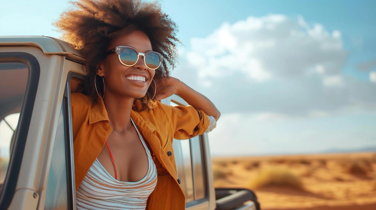 Black Woman Enjoying Desert View from Jeep Window | South Africa Road Trip | Travel Adventure, Happy Summer