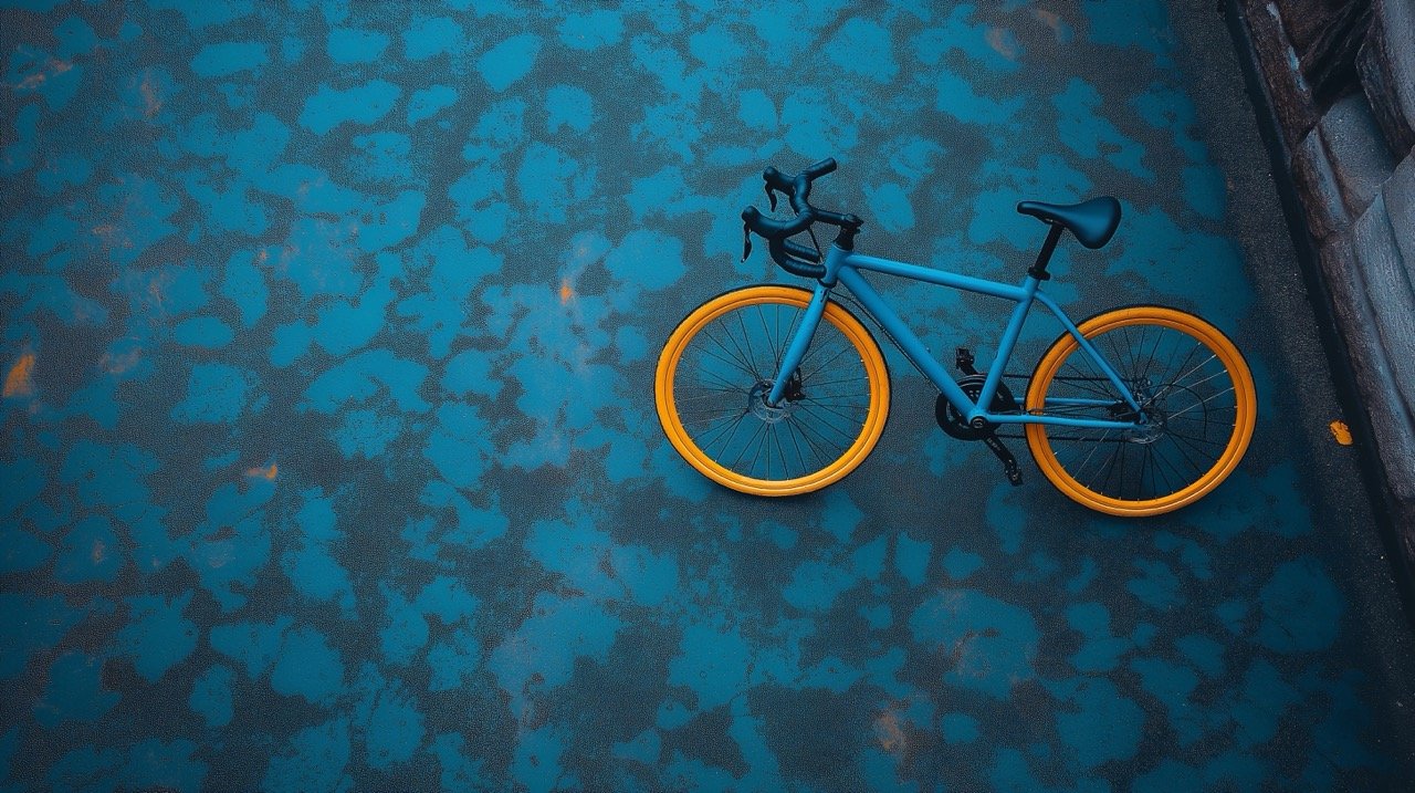 Black and Blue Trike on Gray Concrete Floor, Fitness Bike, Gym Equipment, Exercise, HD Blue Background