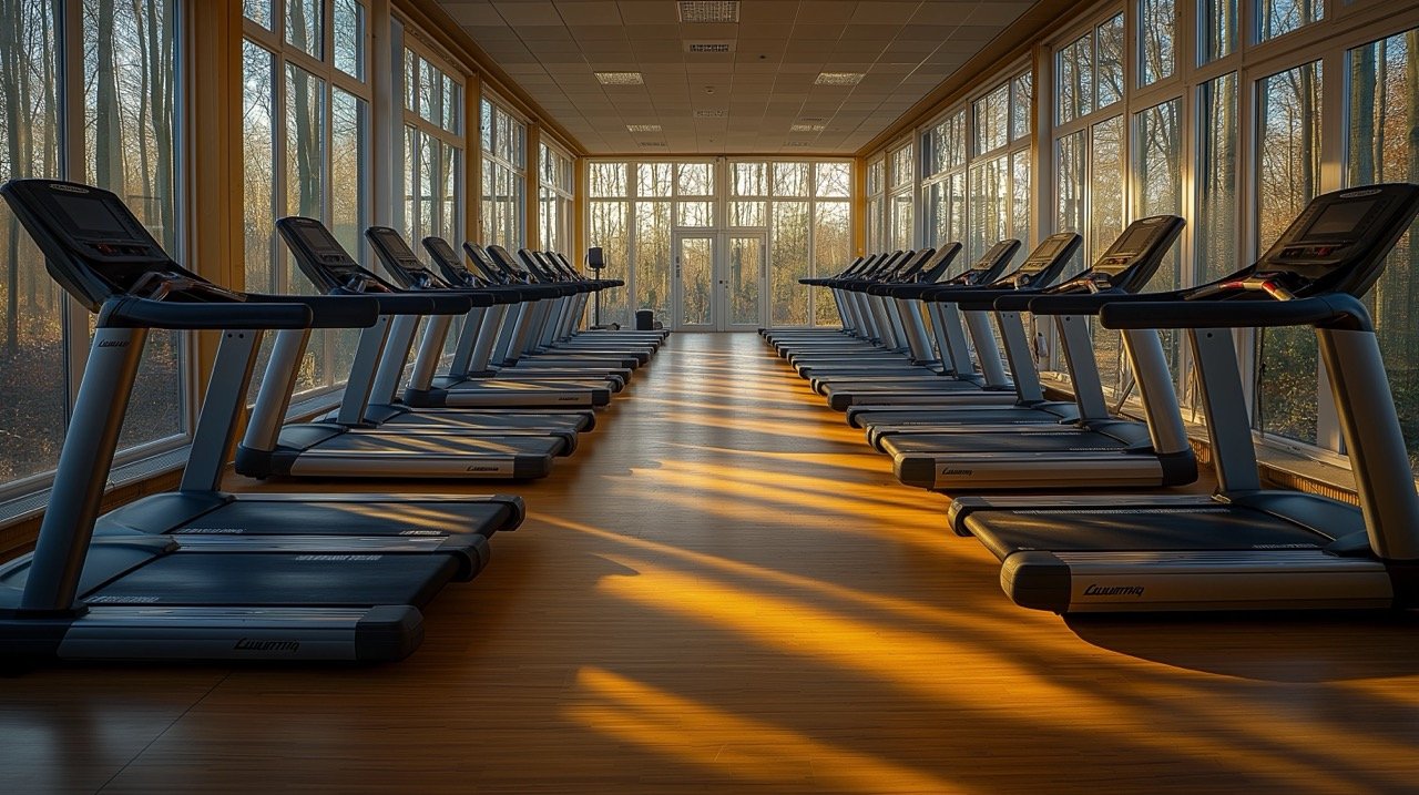 Black and Gray Treadmill in Empty Gym Fitness Exercise, Sports Images, Wooden Floor, Interior Design