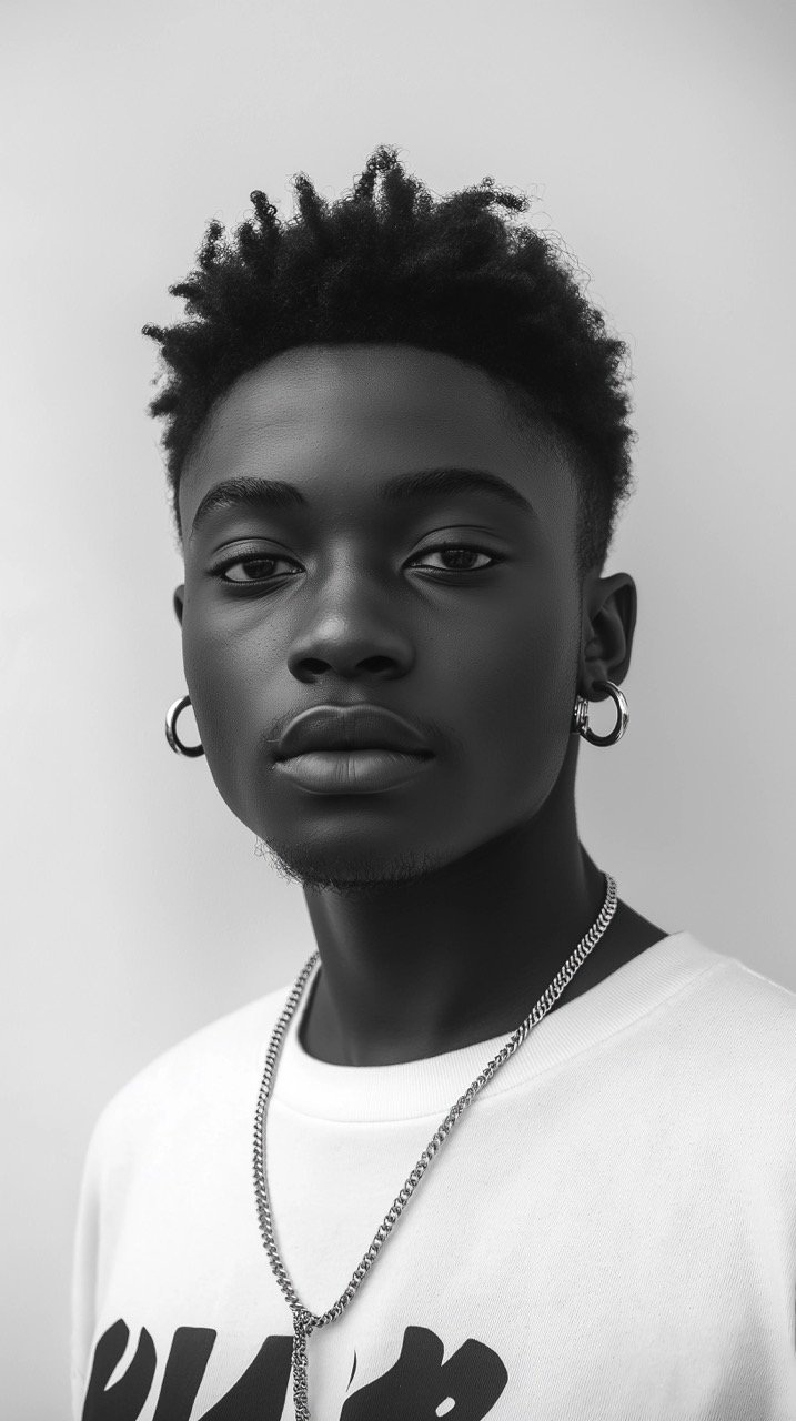 Black and White Photo of Boy with Crew Neck Shirt, Nigeria, Showing Pendant and Jewelry