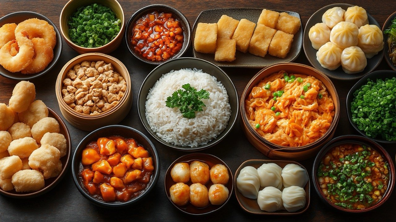 Blank Background of Assorted Chinese Food Noodles, Fried Rice, Dumplings, and Peking Duck