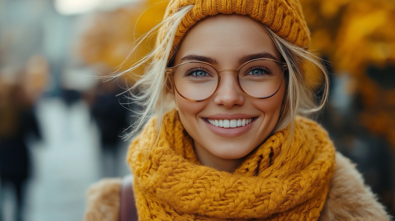 Blonde Fashion Model Smiling Outdoors, Dressed in a Double-Breasted Jacket, Leather Handbag, and Ochre Scarf