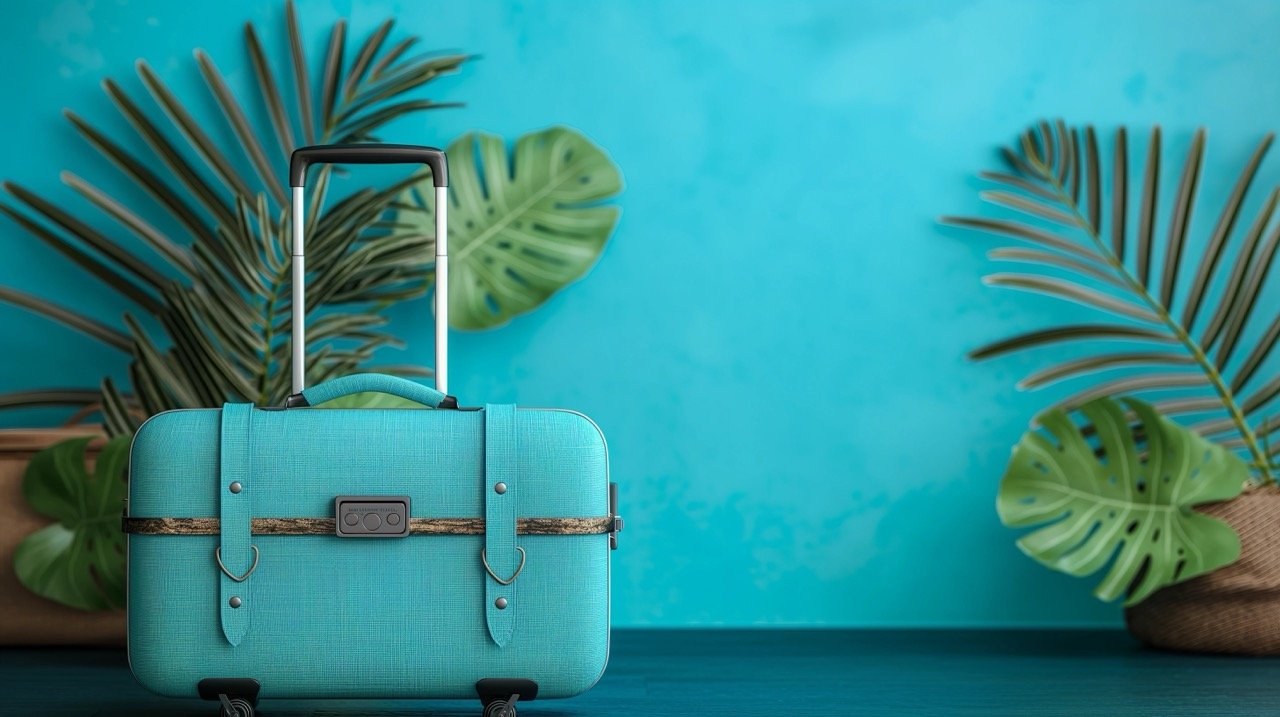 Blue Background Travel Concept – Stock Photo of Suitcase for Journeys and Vacations