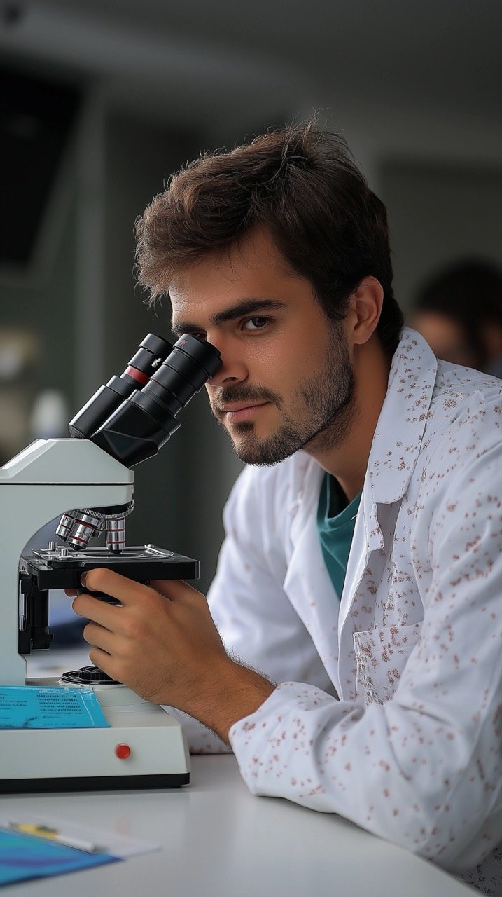 Brazilian Lab Research Young Man Examining with White Microscope, Focus on COVID-19 Health and Wellness